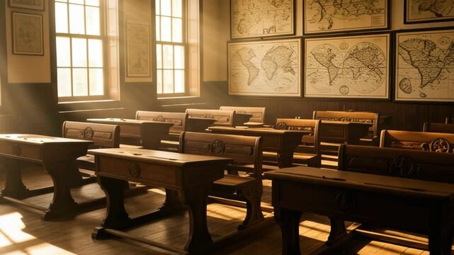 Sunlit dust motes dancing in an empty vintage classroom with wooden desks and historic maps
