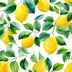 Watercolor lemon branch pattern isolated on transparent background
