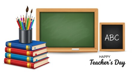 Celebrate educators with vibrant school supplies, stacks of books, and chalkboards perfect for Teacher's Day promotions and learning campaigns