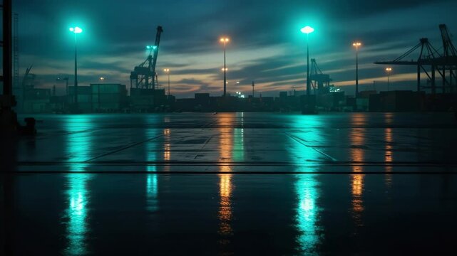 Reflections of port cranes in evening light intensify as dusk approaches