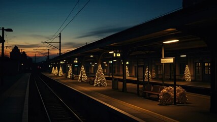 Twilight train station with festive holiday lights and calm evening ambiance