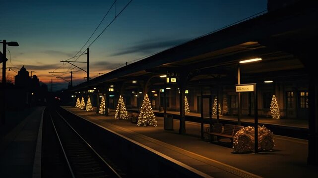 Twilight train station with festive holiday lights and calm evening ambiance