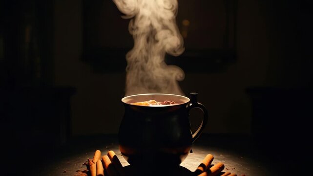 Steaming cauldron with spices: warm aroma and mystical ambiance in low light