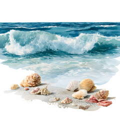 Ocean wave with seashells isolated on transparent background