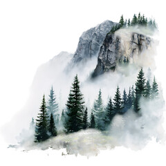 Mountain landscape with pine forest isolated on transparent background