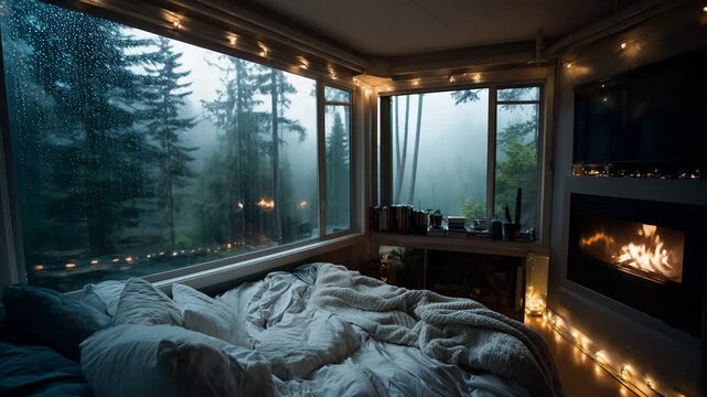 A Cozy, Inviting Rainy Day Retreat in a Modern Cabin with a Warm Fireplace