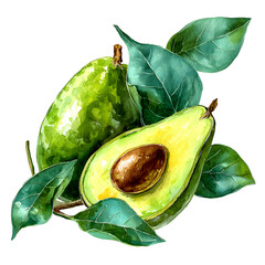 Watercolor avocados with leaves isolated on transparent background