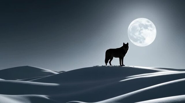 Majestic wolf silhouette against full moon on snowy dunes in tranquil night scene