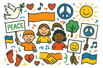 Fototapeta premium Colorful Peaceful Protest. Peaceful protest. Colorful Hand-drawn doodle Children illustration Peaceful protest signs, doves, banners, hearts, smiling faces,