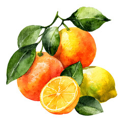 Watercolor citrus fruit arrangement isolated on transparent background