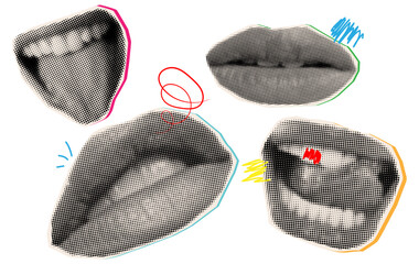 Set of halftone female mouths,trendy collage elements
