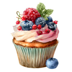 Watercolor cupcake with berries isolated on transparent background