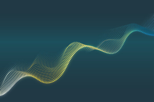 Sound particles wave background. Abstract minimalist particle waves on teal background. Abstract futuristic wave background with gradient dots.
