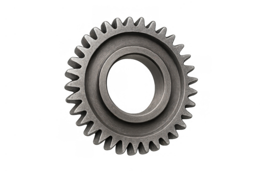 Metal gear mechanism icon representing industrial engineering, teamwork, and business strategy on a transparent background - Powered by Adobe