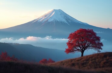 Fototapeta premium Majestic Mount Fuji peak covered in snow. Vibrant red maple tree on grassy hill. Soft mist flows through valleys. Golden sunrise casts warm glow across landscape. Peaceful autumn morning view. Iconic