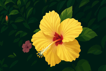 The image depicts a beautiful yellow hibiscus flower with a red center, surrounded by deep green leaves. The petals are soft and delicately shaded, showing a realistic texture with subtle lighting. Th