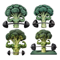 Muscular broccoli florets flexing biceps and lifting weights in fitness concept