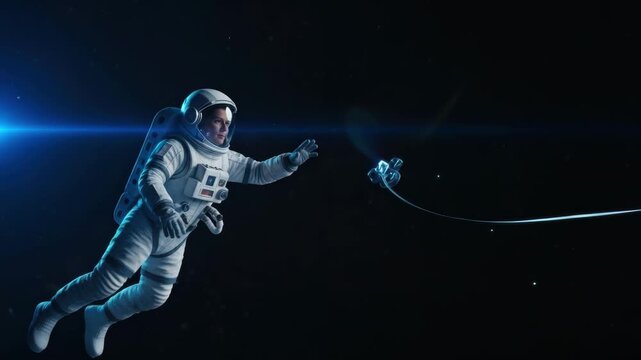Astronaut drifting through space reaching for floating object in zero gravity