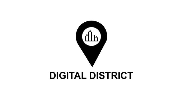 Black location pin icon with stylized buildings inside and the text DIGITALDISTRICT below on a white background Keywords: location pin, map marker, navigation, pin icon, digital