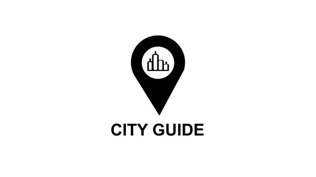 Black location pin icon with stylized buildings inside and the text CITYGUIDE below on a white background Keywords: location pin, map marker, navigation, pin icon, city guide, urban guide