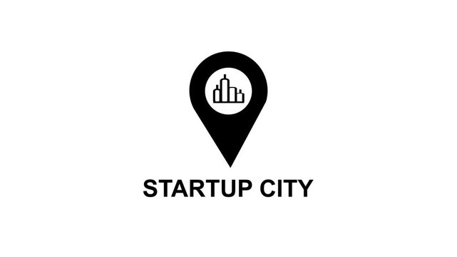 Black location pin icon with stylized buildings inside and STARTUPCITY text below Keywords: location, pin, map, marker, pointer, navigation, destination, city, urban, buildings