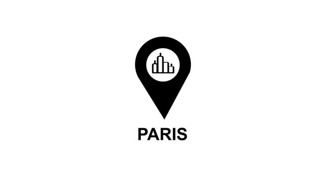 Black location pin icon with stylized buildings inside and the word PARIS below on a white background