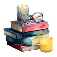 Stack of books with glasses and candles isolated on transparent background