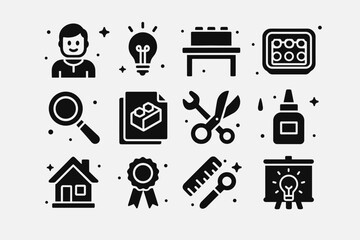 Naklejka premium LEGO Creativity Icons. LEGO Creativity Workshop. Solid icons set of LEGO Creativity Workshop: instructor figure, lightbulb icon, build table, tray of bricks,