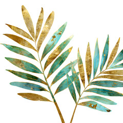 Golden palm leaves on black isolated on transparent background