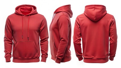 red hoodie front back and side view on solid white background for sporty fashion mockup