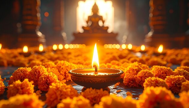 Lit Oil Lamp (Diya) Surrounded by Marigolds in a Hindu Temple for Matsya Jayanti Celebration