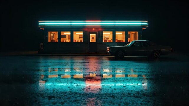 Classic car parked at neonlit diner on rainy night with reflections on wet asphalt