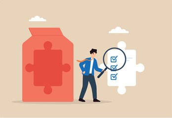Flat illustration of quality control manager using magnifying glass to find missing checklist piece in puzzle shaped product