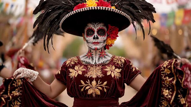 Attractive female with intricate sugar skull makeup and colorful traditional attire twirling gracefully in celebration of Dia de los Muertos, a cherished Mexican cultural and religious festival