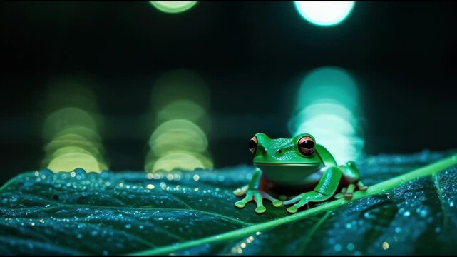 Vibrant tree frog on dewy leaf with glowing bokeh lights at night