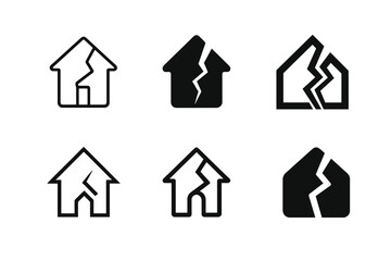 Fototapeta premium Fractured House Logos. Property damage risk. Set Logo of Property damage risk: house with fracture line. harmonious logo variations of the same emblematic
