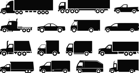 Silhouette, truck, van, pickup, commercial vehicle, delivery, transport, cargo, logistics, fleet, black, white, isolated, icon, shape, utility, automobile, industrial, graphic, illustration