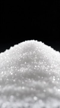 A close-up shot of a mound of granulated, crystalline white substance against a stark black background