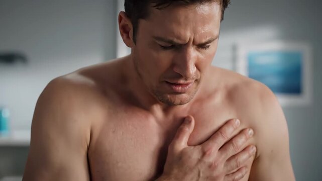 Young man experiencing severe chest pain and discomfort. He clutches his heart, his face contorting in agony from a potential heart attack