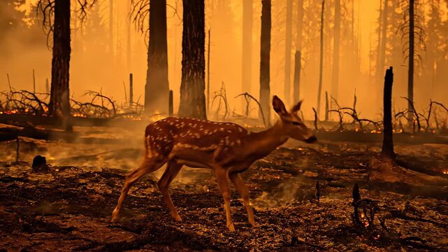 Vulnerable young deer navigating a charred forest amidst billowing flames and smoke. Illustrates the impact of environmental crisis on wildlife and the loss of natural habitats
