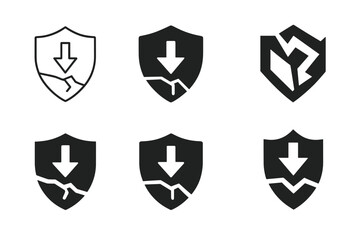 Diverse Shield Logos. Risk of loss. Set Logo of Risk of loss: broken shield with downward arrow. harmonious logo variations of the same emblematic concept,