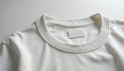 Close view of white t-shirt with ribbed collar. Plain clothing item label. Simple design element with smooth surface. Comfortable garment basic apparel perfect for everyday wear. Neutral color tone