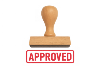 Rubber stamp applying red approved mark with wooden handle, representing approval, quality, and acceptance on transparent background