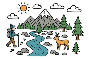 Snowy Mountain Doodle. Mountain Landscape. Hand-drawn doodle illustration snowy peak (colored), forest, river (colored), rocks, deer (colored), hiker, sun