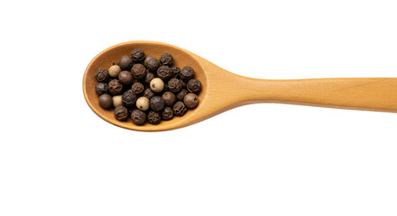 Assorted Peppercorns in Wooden Spoon with Black and Striped Background