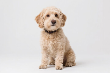 Light brown curly coated dog sitting upright and looking forward with gentle expression, wearing a dark collar against plain white background, concept of pet care, loyalty and canine companionship.