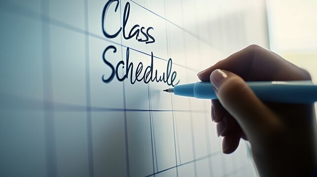Hand writing class schedule on a whiteboard with a blue marker, closeup shot