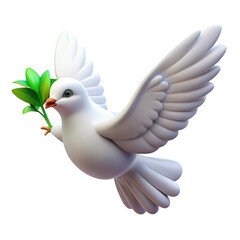 3d white dove with olive branch isolated on transparent background