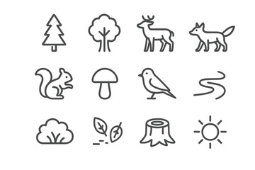 Woodland Icon Set. Woodland scene. Line icon set of woodland scene: pine tree, oak tree, deer, fox, squirrel, mushroom, bird, river, bush, fallen leaves, tree
