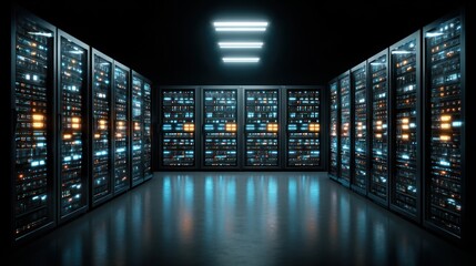 A dark server room with rows of lit server racks, cool tones, and fluorescent ceiling lights